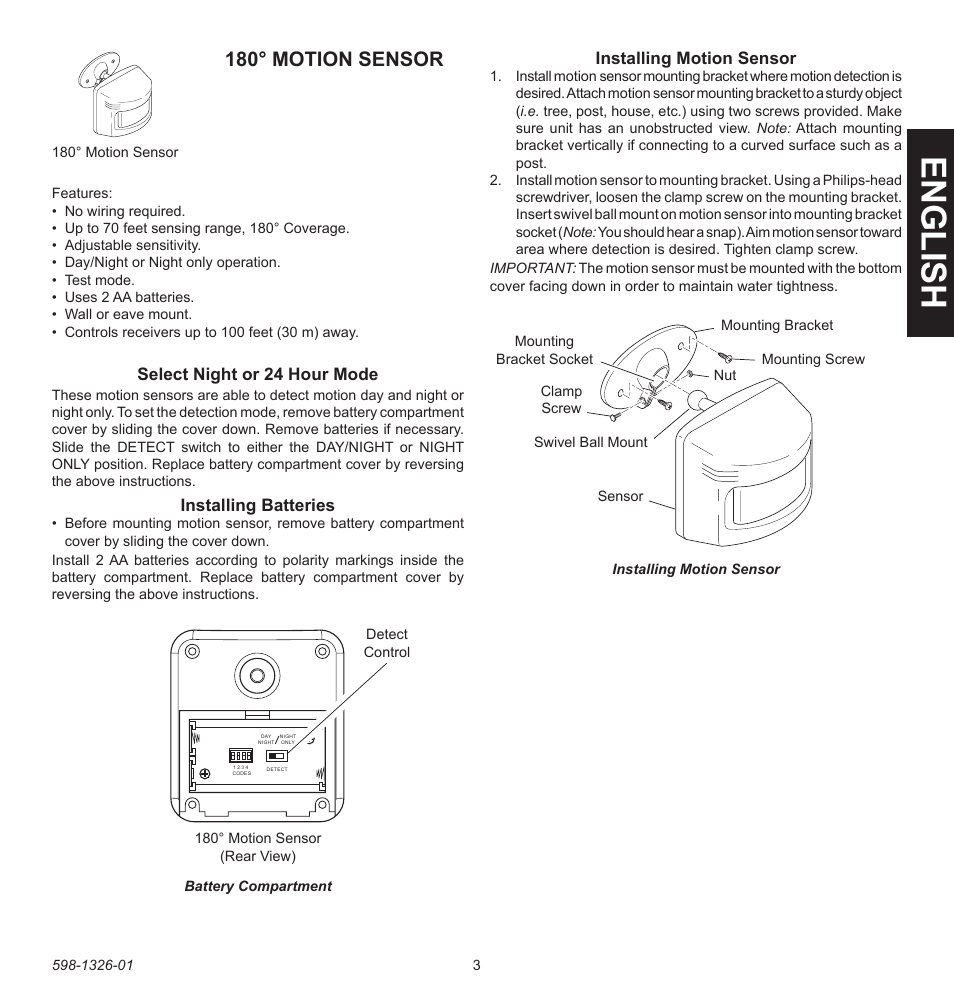 English, 180° motion sensor, Select night or 24 hour mode | Installing batteries, Installing motion sensor | Heath Zenith 2LBL9 User Manual | Page 3 / 24