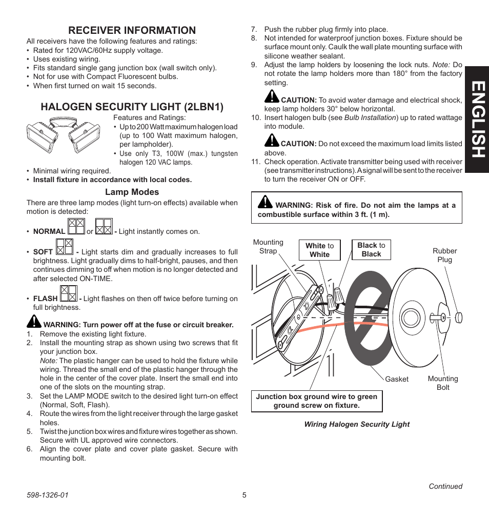 English, Receiver information, Halogen security light (2lbn1) | Heath Zenith 2LBL9 User Manual | Page 5 / 24