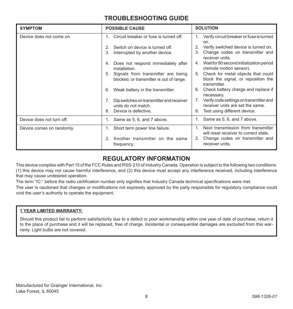 Troubleshooting guide, Regulatory information | Heath Zenith 2LBL9 User Manual | Page 8 / 24