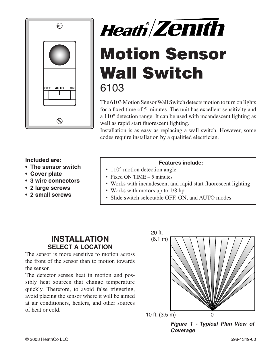 Heath Zenith Motion Sensor Wall Switch 6103 User Manual | 12 pages