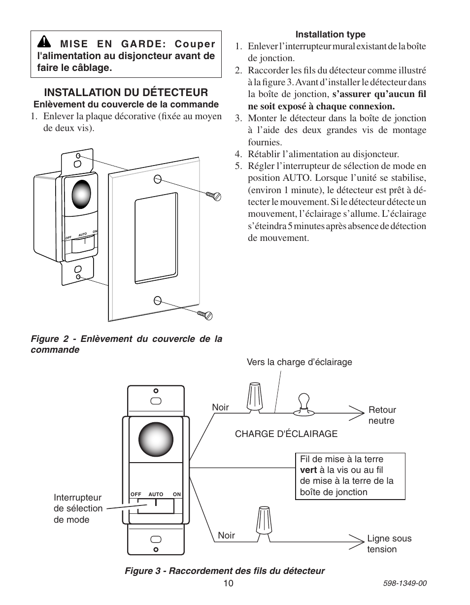 Installation du détecteur | Heath Zenith Motion Sensor Wall Switch 6103 User Manual | Page 10 / 12