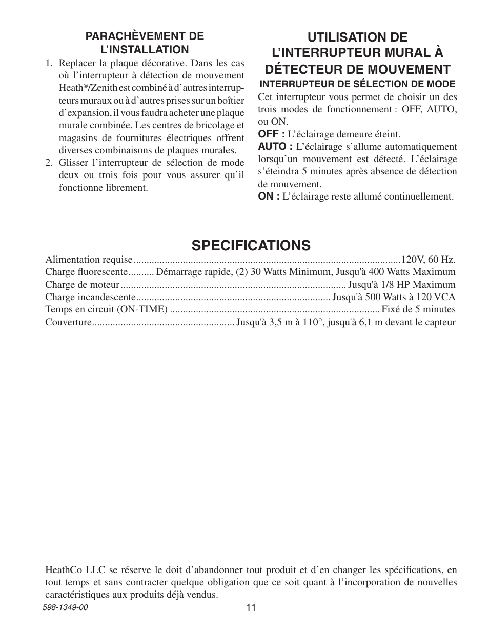 Specifications | Heath Zenith Motion Sensor Wall Switch 6103 User Manual | Page 11 / 12