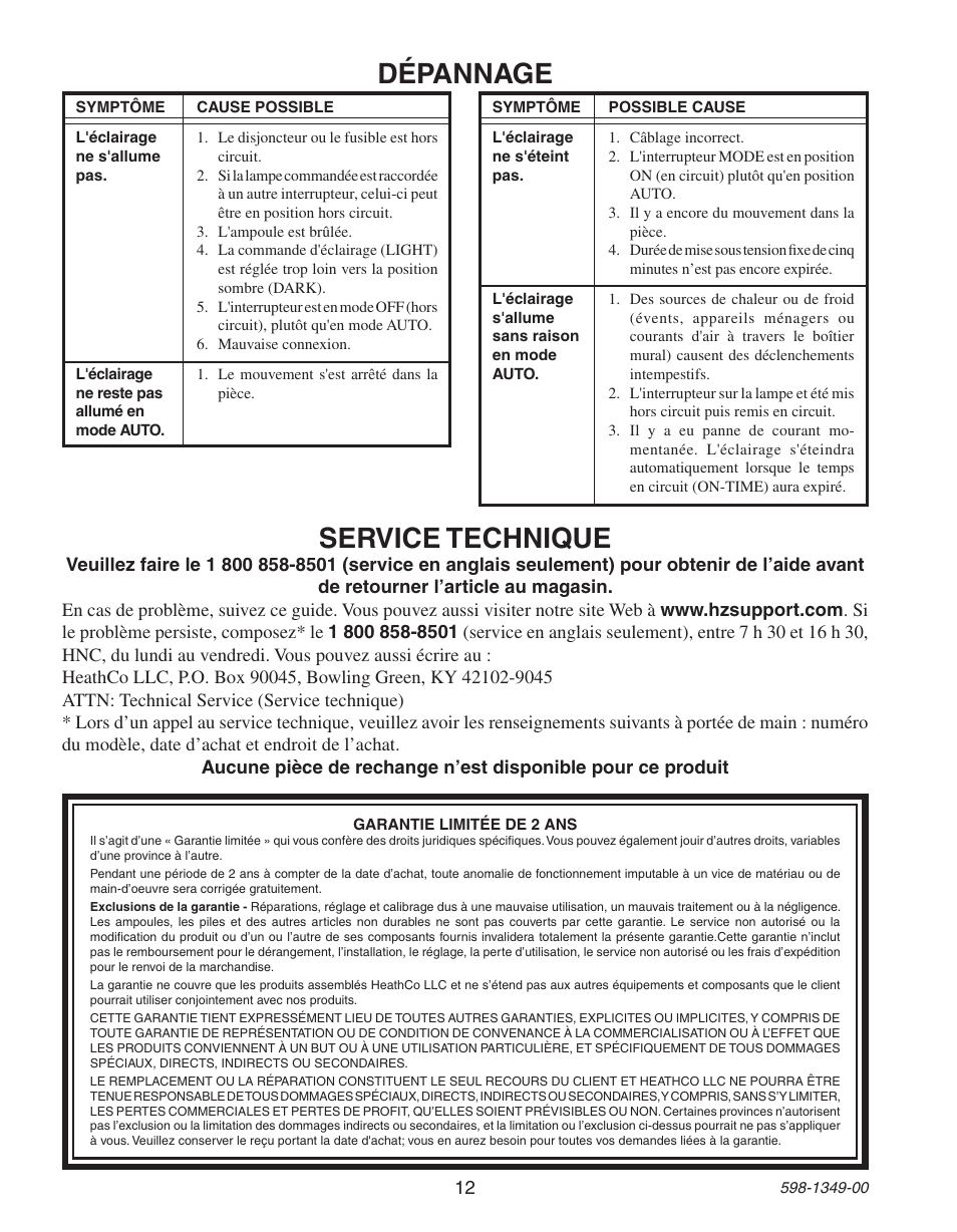 Dépannage, Service technique | Heath Zenith Motion Sensor Wall Switch 6103 User Manual | Page 12 / 12