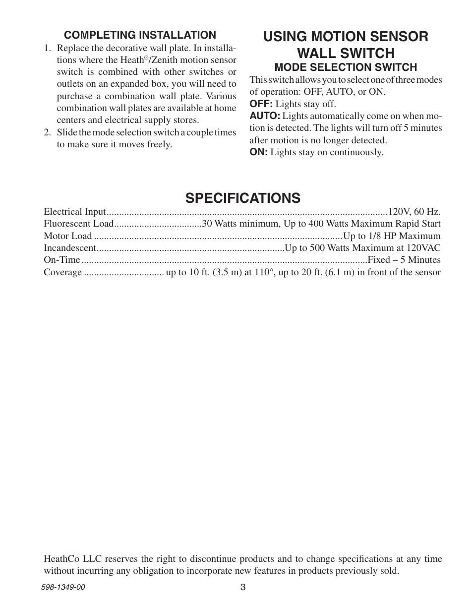 Using motion sensor wall switch, Specifications | Heath Zenith Motion Sensor Wall Switch 6103 User Manual | Page 3 / 12
