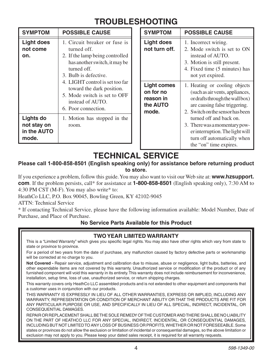 Troubleshooting, Technical service | Heath Zenith Motion Sensor Wall Switch 6103 User Manual | Page 4 / 12