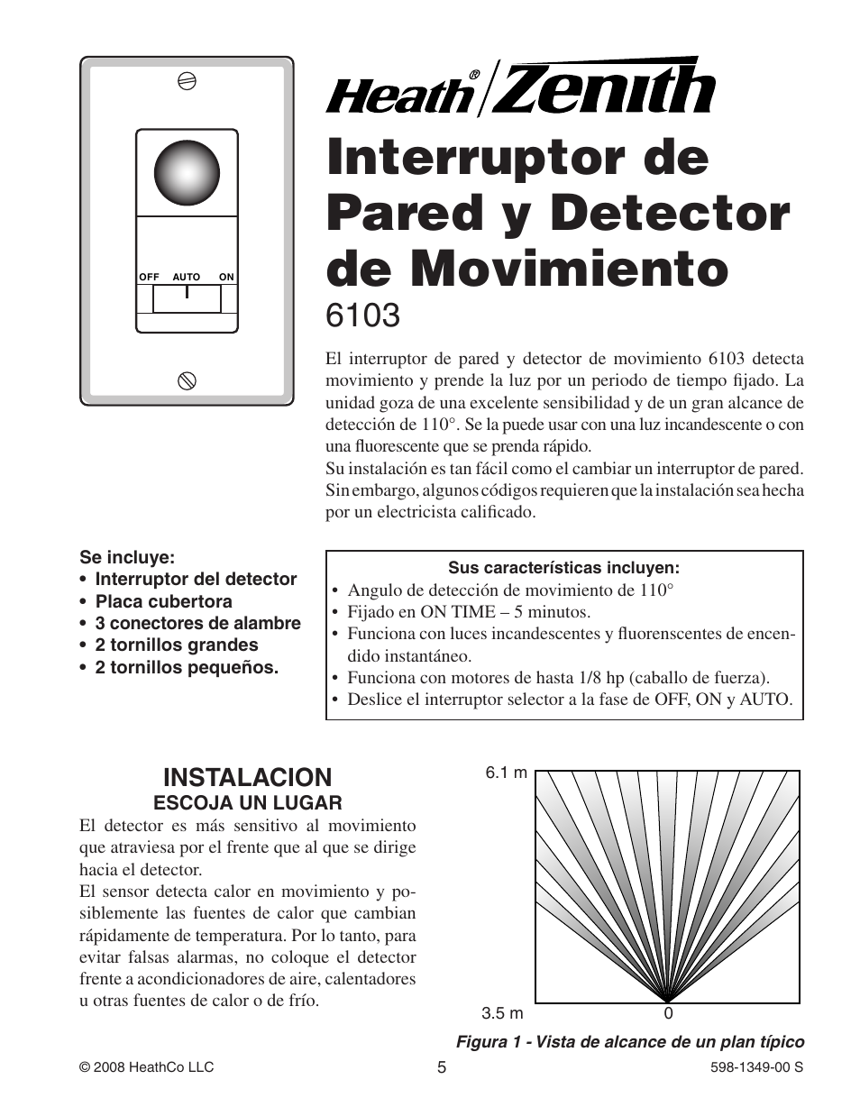 Interruptor de pared y detector de movimiento, Instalacion | Heath Zenith Motion Sensor Wall Switch 6103 User Manual | Page 5 / 12