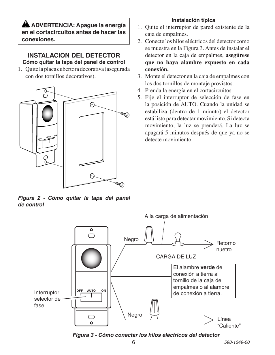 Instalacion del detector | Heath Zenith Motion Sensor Wall Switch 6103 User Manual | Page 6 / 12