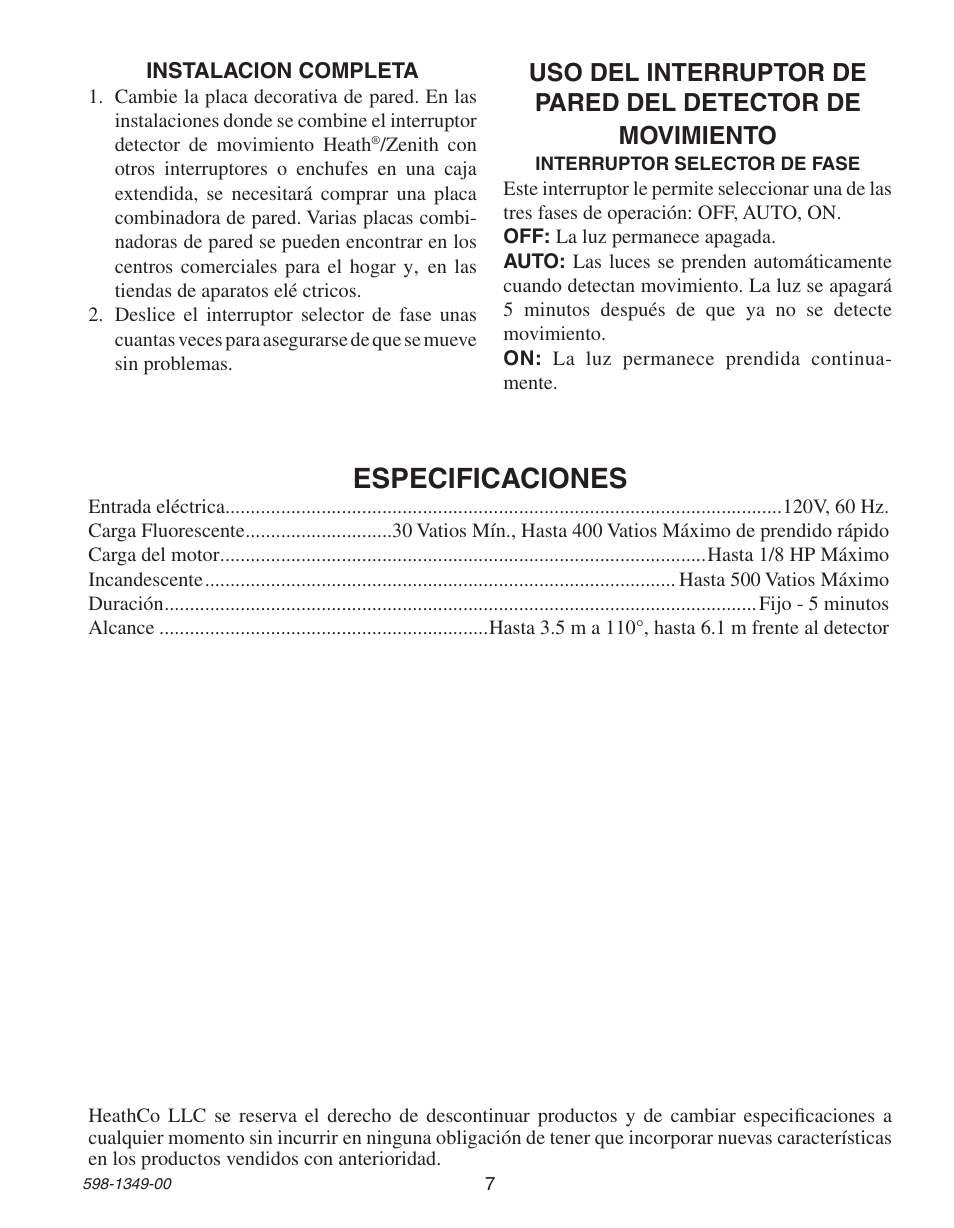 Especificaciones | Heath Zenith Motion Sensor Wall Switch 6103 User Manual | Page 7 / 12