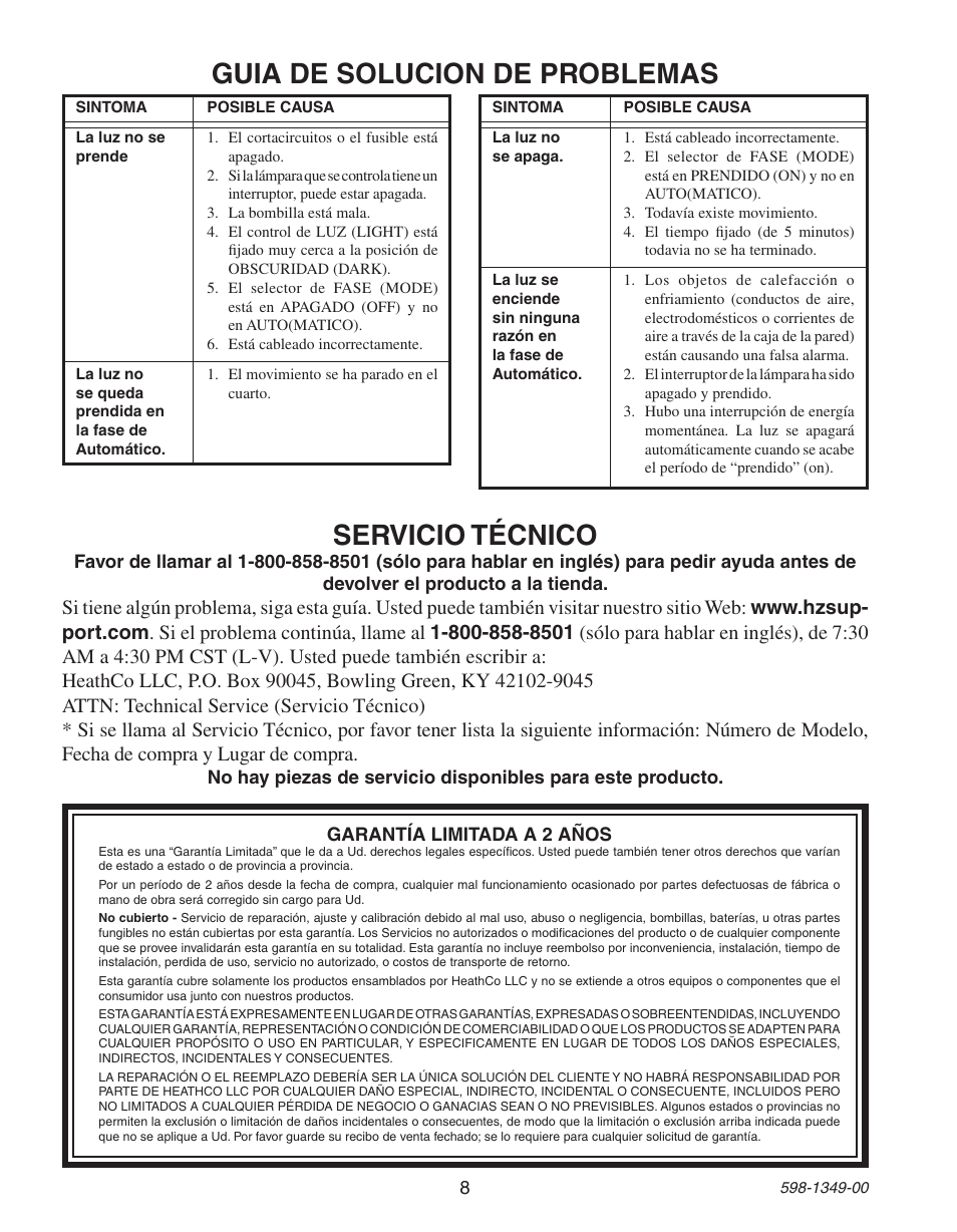 Guia de solucion de problemas, Servicio técnico | Heath Zenith Motion Sensor Wall Switch 6103 User Manual | Page 8 / 12