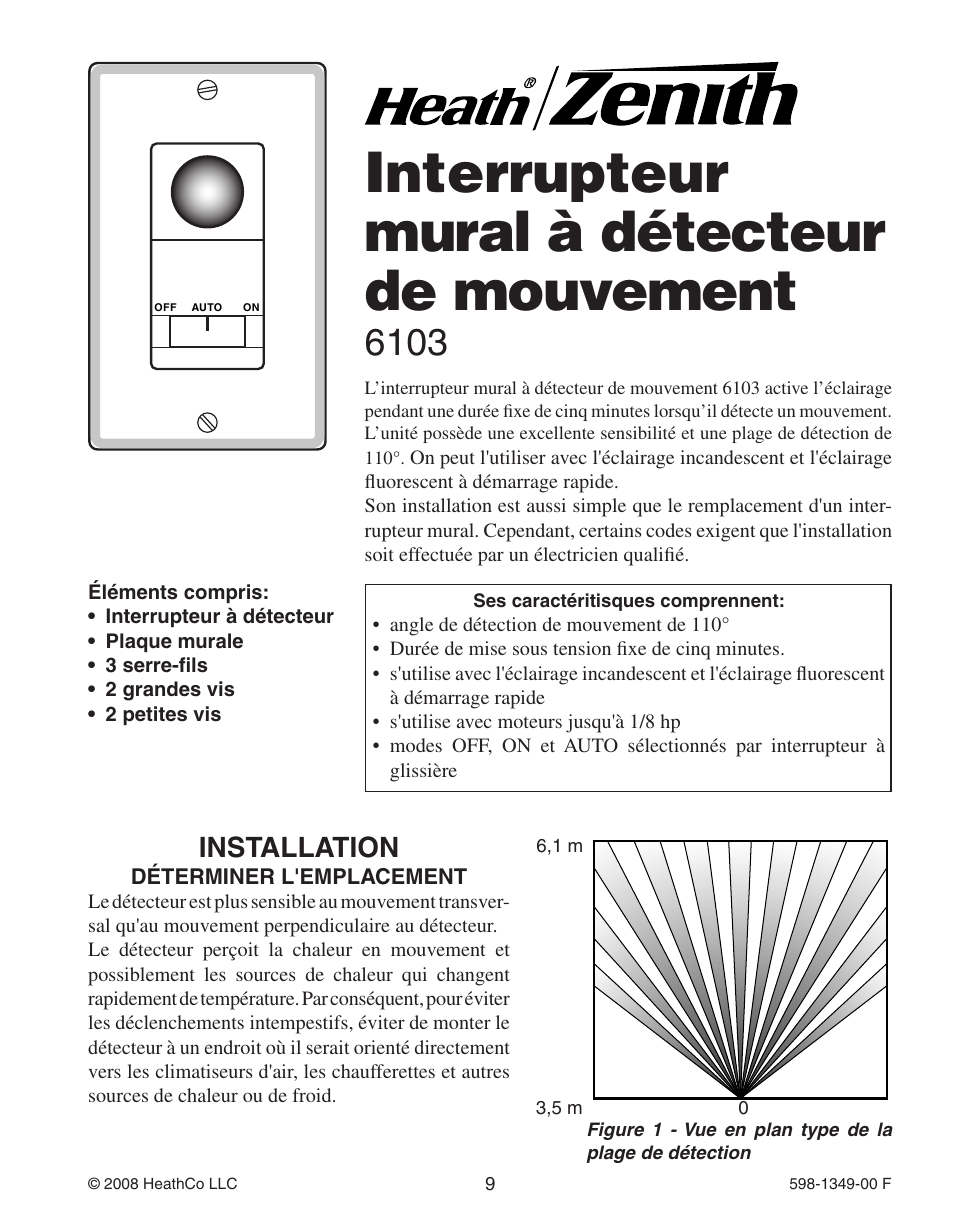 Interrupteur mural à détecteur de mouvement, Installation | Heath Zenith Motion Sensor Wall Switch 6103 User Manual | Page 9 / 12