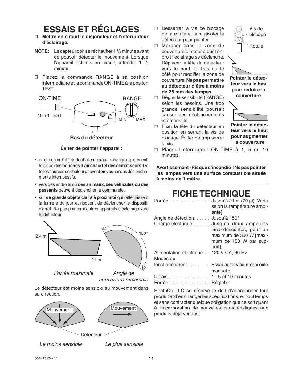 Essais et réglages, Fiche technique | Heath Zenith SL-5411-WH User Manual | Page 11 / 12