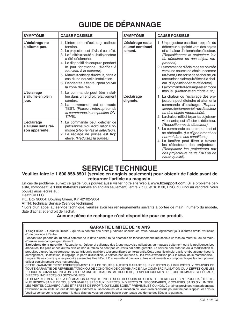 Guide de dépannage, Service technique | Heath Zenith SL-5411-WH User Manual | Page 12 / 12