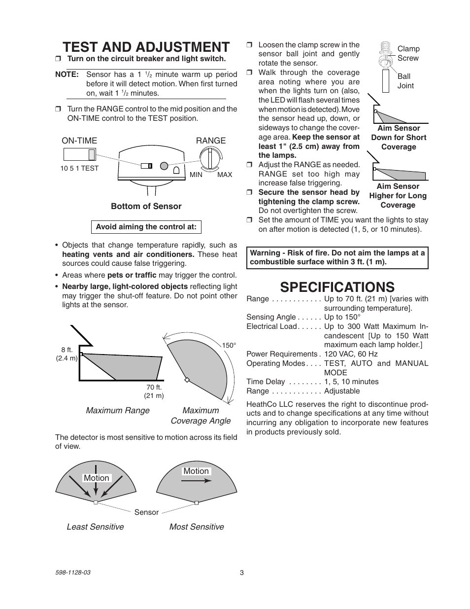 Test and adjustment, Specifications | Heath Zenith SL-5411-WH User Manual | Page 3 / 12
