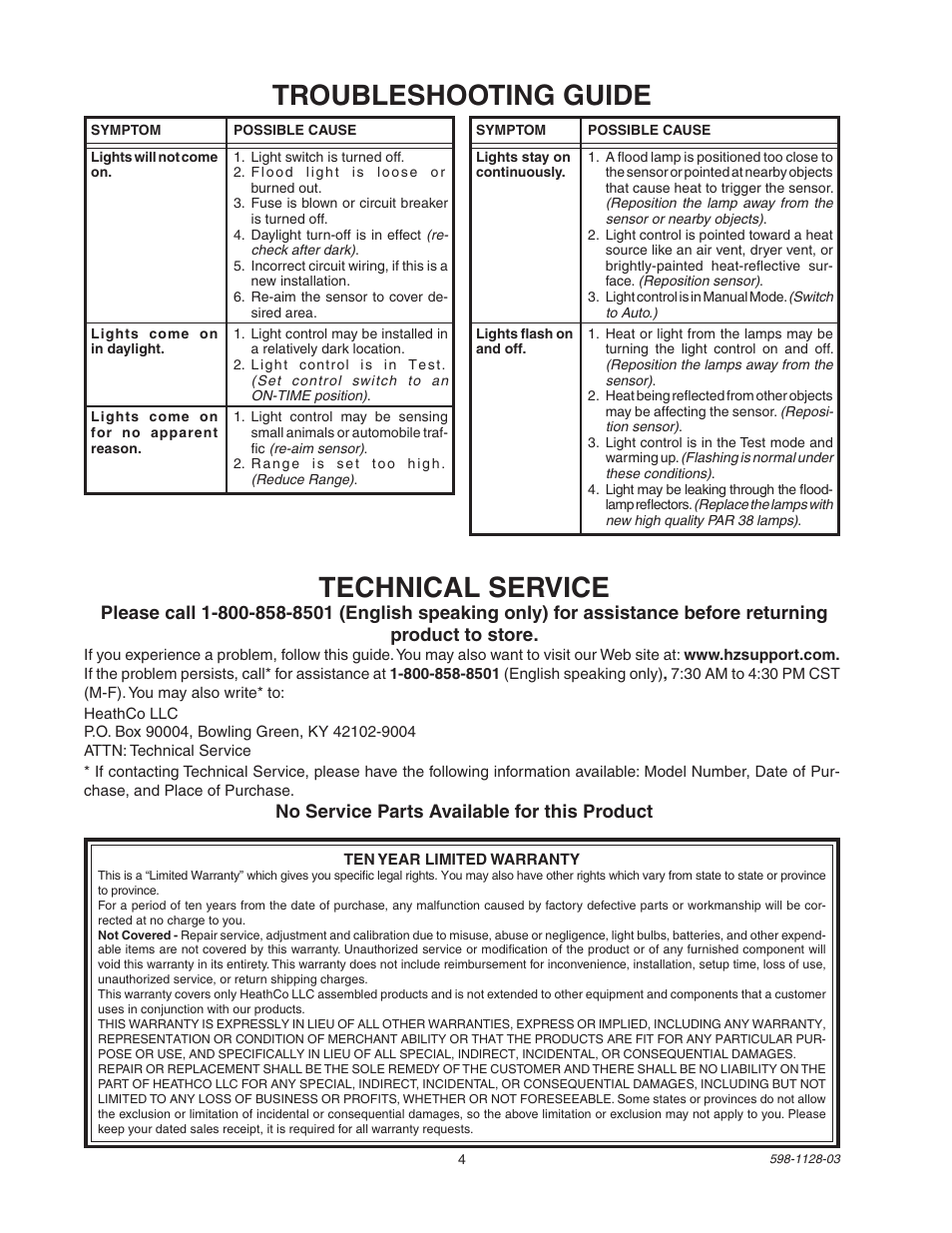 Troubleshooting guide technical service | Heath Zenith SL-5411-WH User Manual | Page 4 / 12