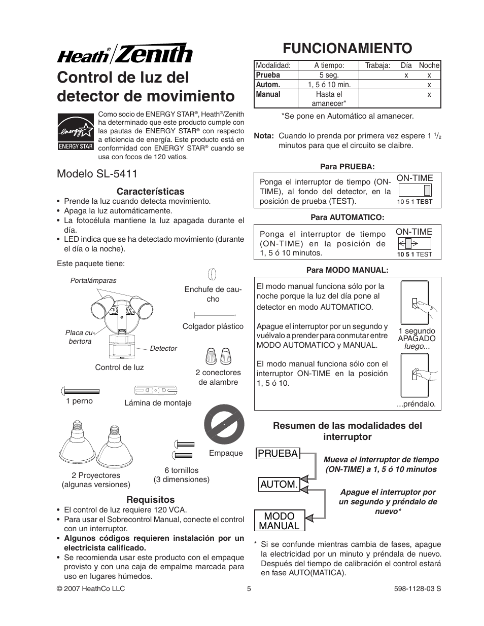 Control de luz del detector de movimiento, Funcionamiento, Modelo sl-5411 | Prueba autom. modo manual | Heath Zenith SL-5411-WH User Manual | Page 5 / 12