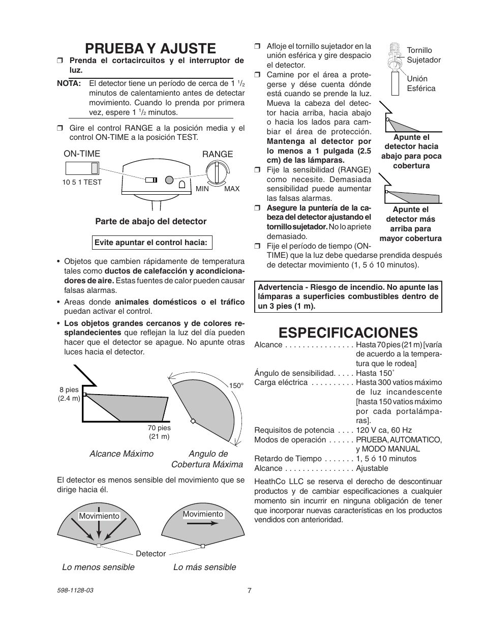 Prueba y ajuste, Especificaciones | Heath Zenith SL-5411-WH User Manual | Page 7 / 12