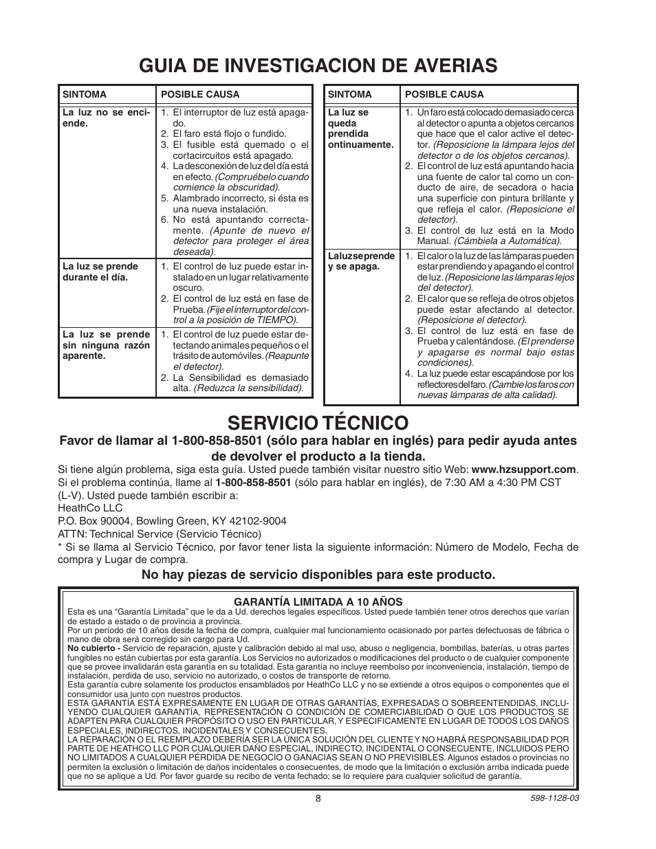 Guia de investigacion de averias, Servicio técnico | Heath Zenith SL-5411-WH User Manual | Page 8 / 12