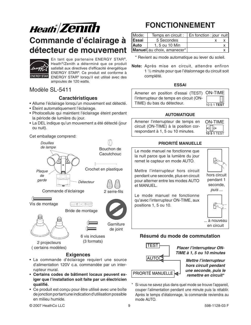 Commande d’éclairage à détecteur de mouvement, Fonctionnement, Modèle sl-5411 | Heath Zenith SL-5411-WH User Manual | Page 9 / 12
