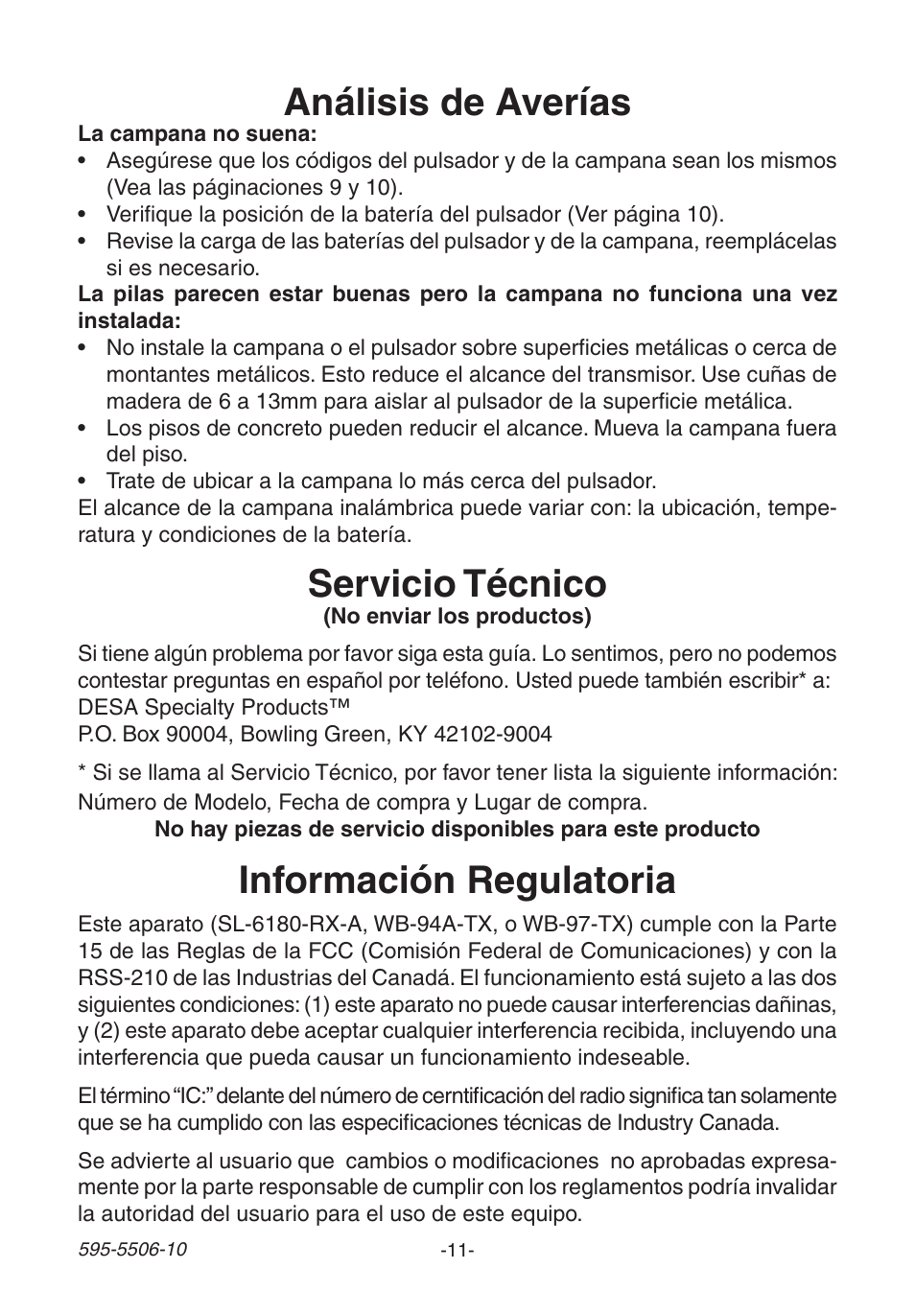 Análisis de averías, Información regulatoria, Servicio técnico | Heath Zenith DESA 6280 User Manual | Page 11 / 24