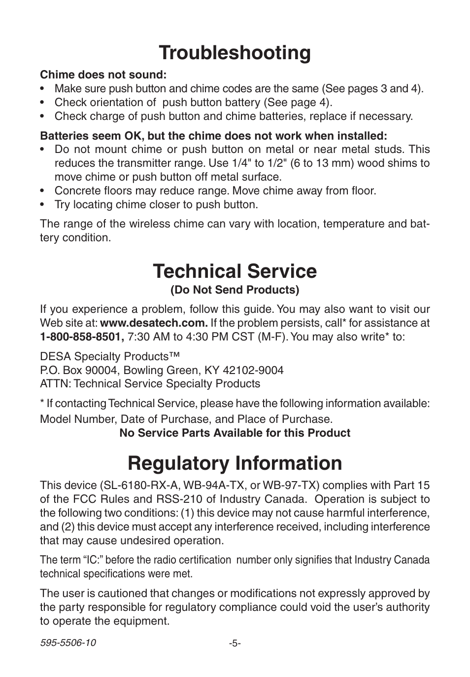 Troubleshooting, Regulatory information, Technical service | Heath Zenith DESA 6280 User Manual | Page 5 / 24