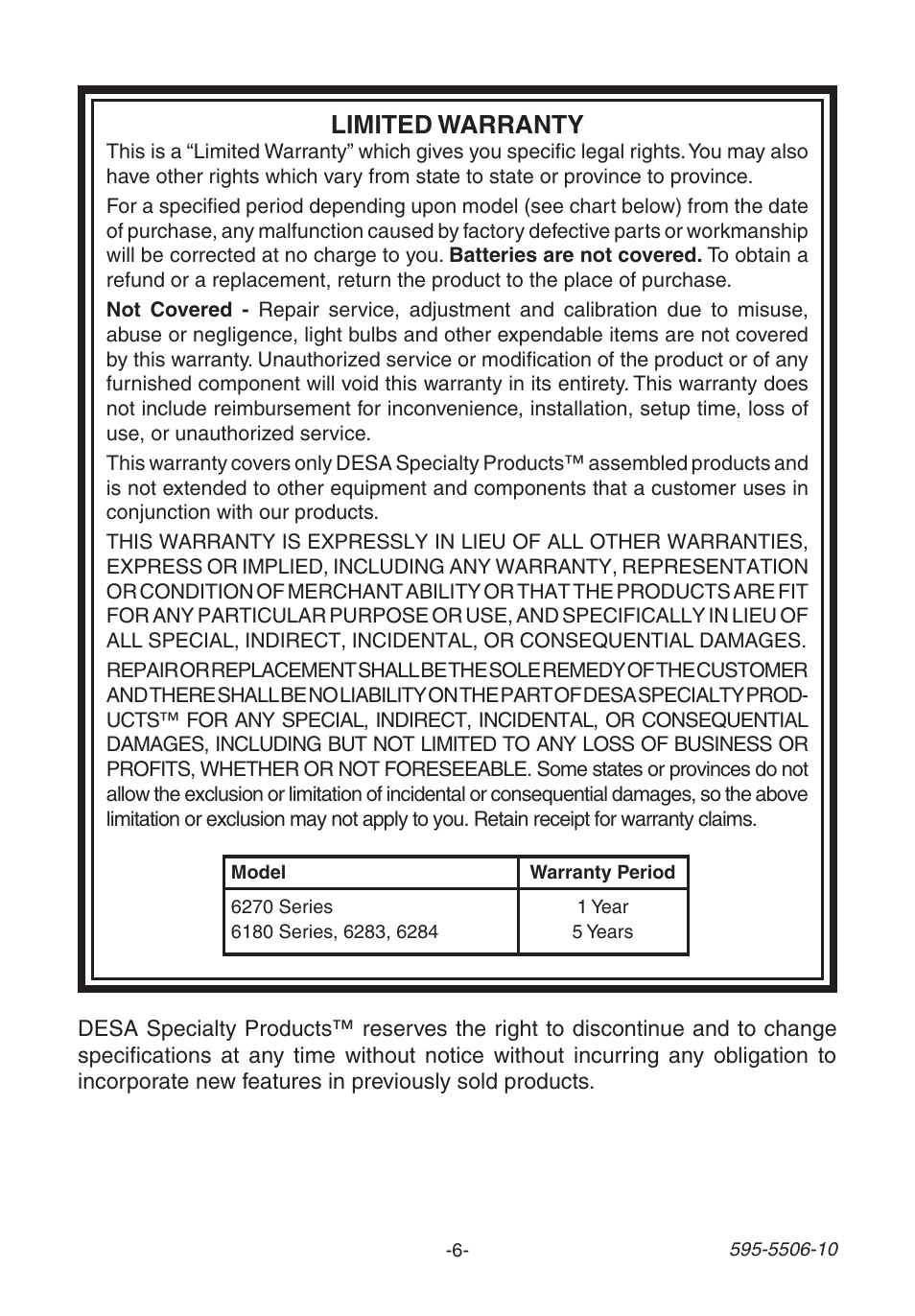 Limited warranty | Heath Zenith DESA 6280 User Manual | Page 6 / 24