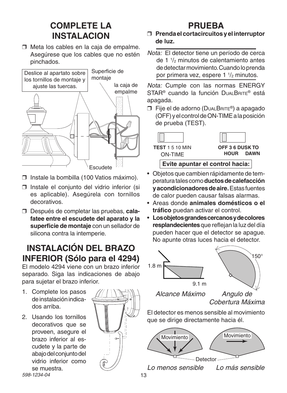 Complete la instalacion, Instalación del brazo inferior (sólo para el 4294), Prueba | Heath Zenith PF-4294-OR User Manual | Page 13 / 24
