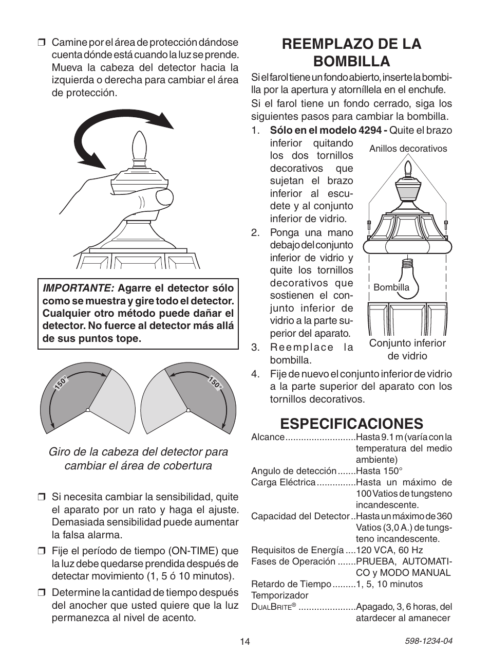 Especificaciones, Reemplazo de la bombilla | Heath Zenith PF-4294-OR User Manual | Page 14 / 24
