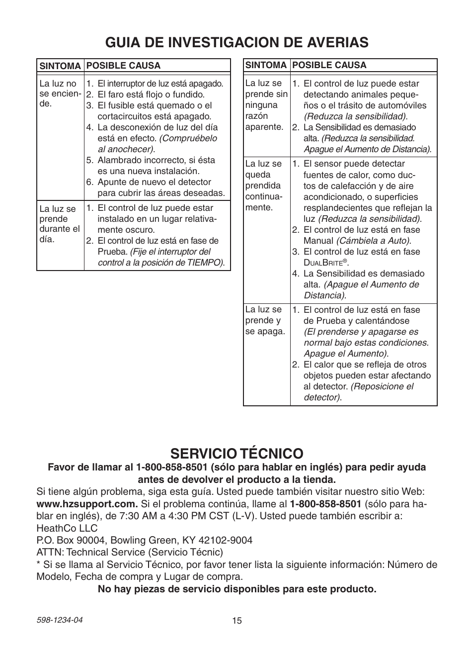 Guia de investigacion de averias, Servicio técnico | Heath Zenith PF-4294-OR User Manual | Page 15 / 24