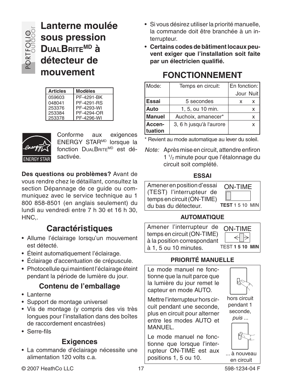 Lanterne moulée sous pression d, Àdétecteur de mouvement, Fonctionnement | Caractéristiques, Contenu de l’emballage, Exigences | Heath Zenith PF-4294-OR User Manual | Page 17 / 24