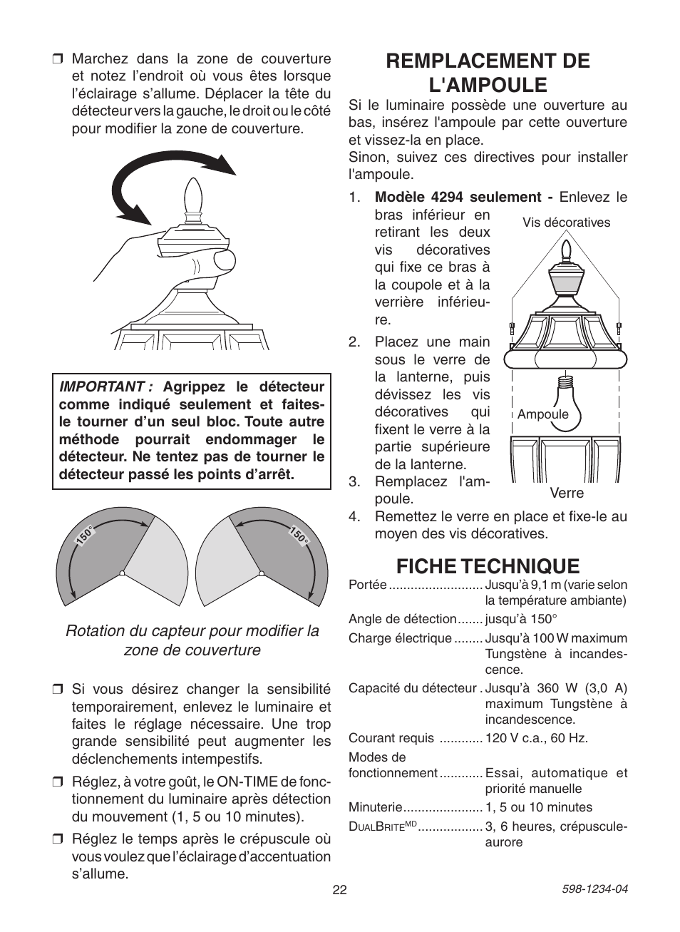 Fiche technique, Remplacement de l'ampoule | Heath Zenith PF-4294-OR User Manual | Page 22 / 24