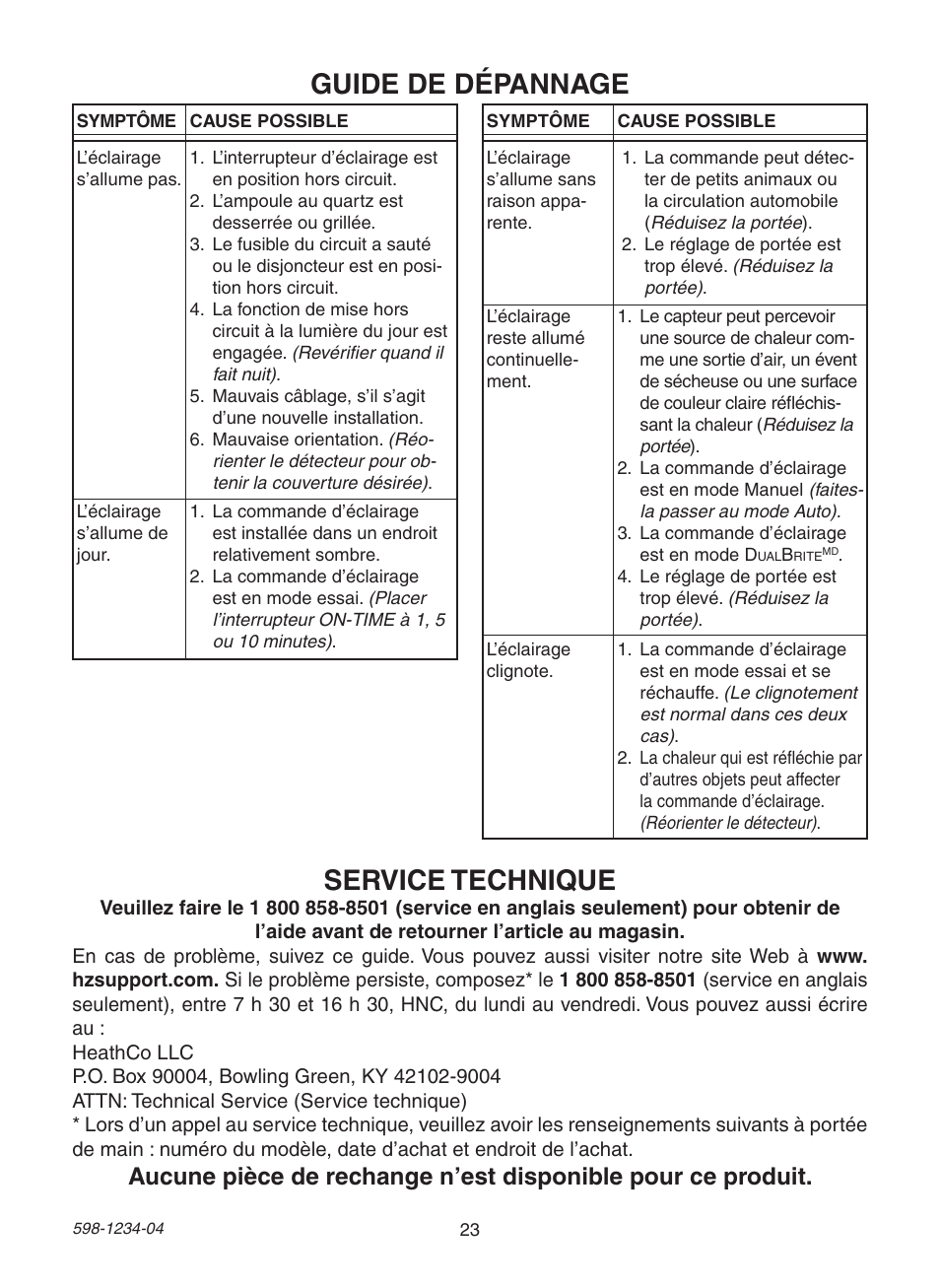 Guide de dépannage service technique | Heath Zenith PF-4294-OR User Manual | Page 23 / 24