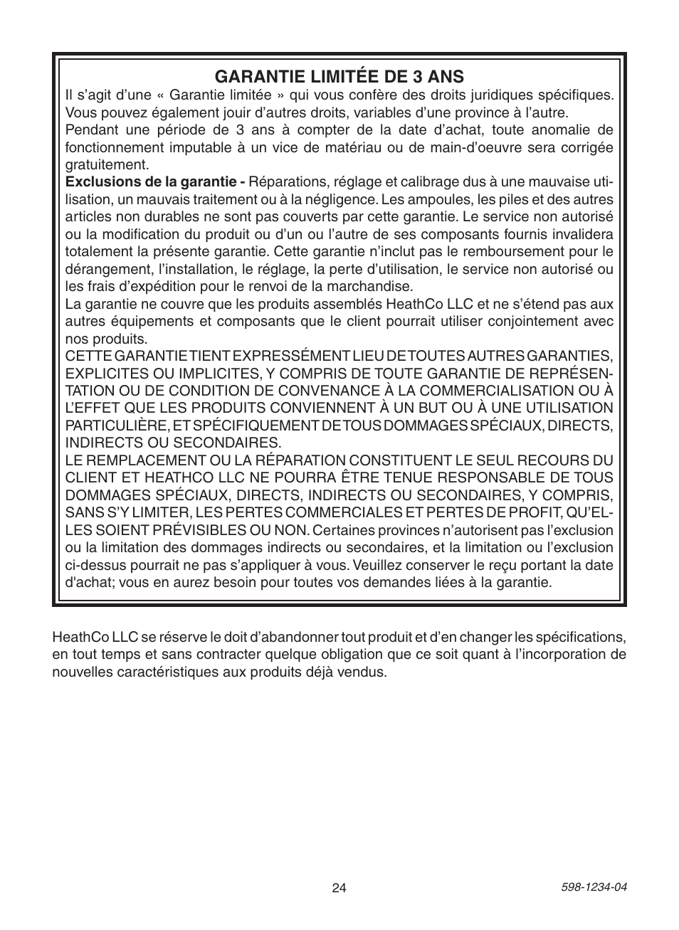 Garantie limitée de 3 ans | Heath Zenith PF-4294-OR User Manual | Page 24 / 24