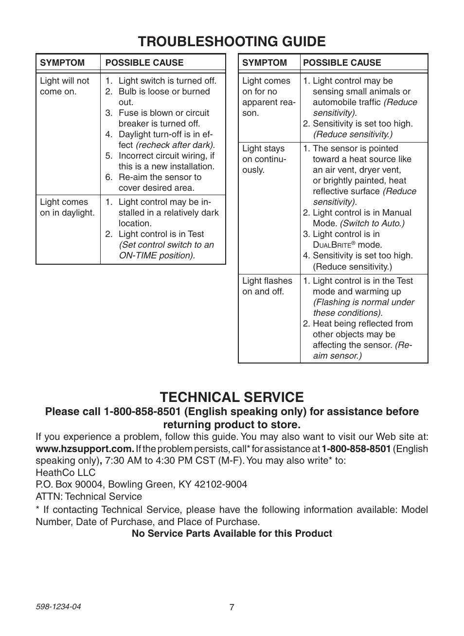 Troubleshooting guide, Technical service | Heath Zenith PF-4294-OR User Manual | Page 7 / 24