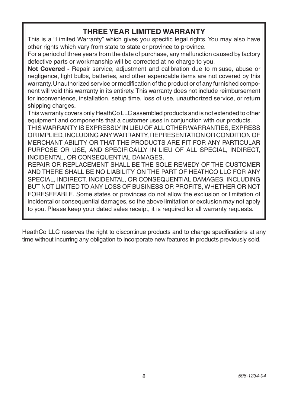 Three year limited warranty | Heath Zenith PF-4294-OR User Manual | Page 8 / 24