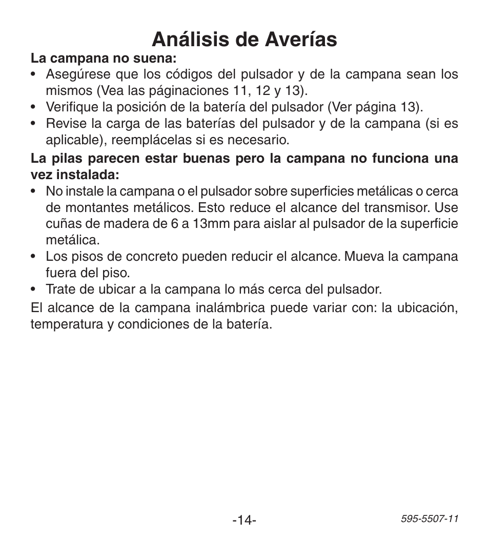 Análisis de averías | Heath Zenith Wireless Push Button Accessory SL-6290 Series User Manual | Page 14 / 24