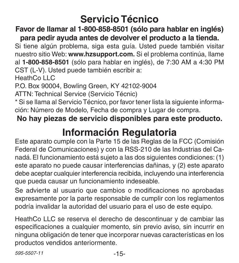 Servicio técnico, Información regulatoria | Heath Zenith Wireless Push Button Accessory SL-6290 Series User Manual | Page 15 / 24