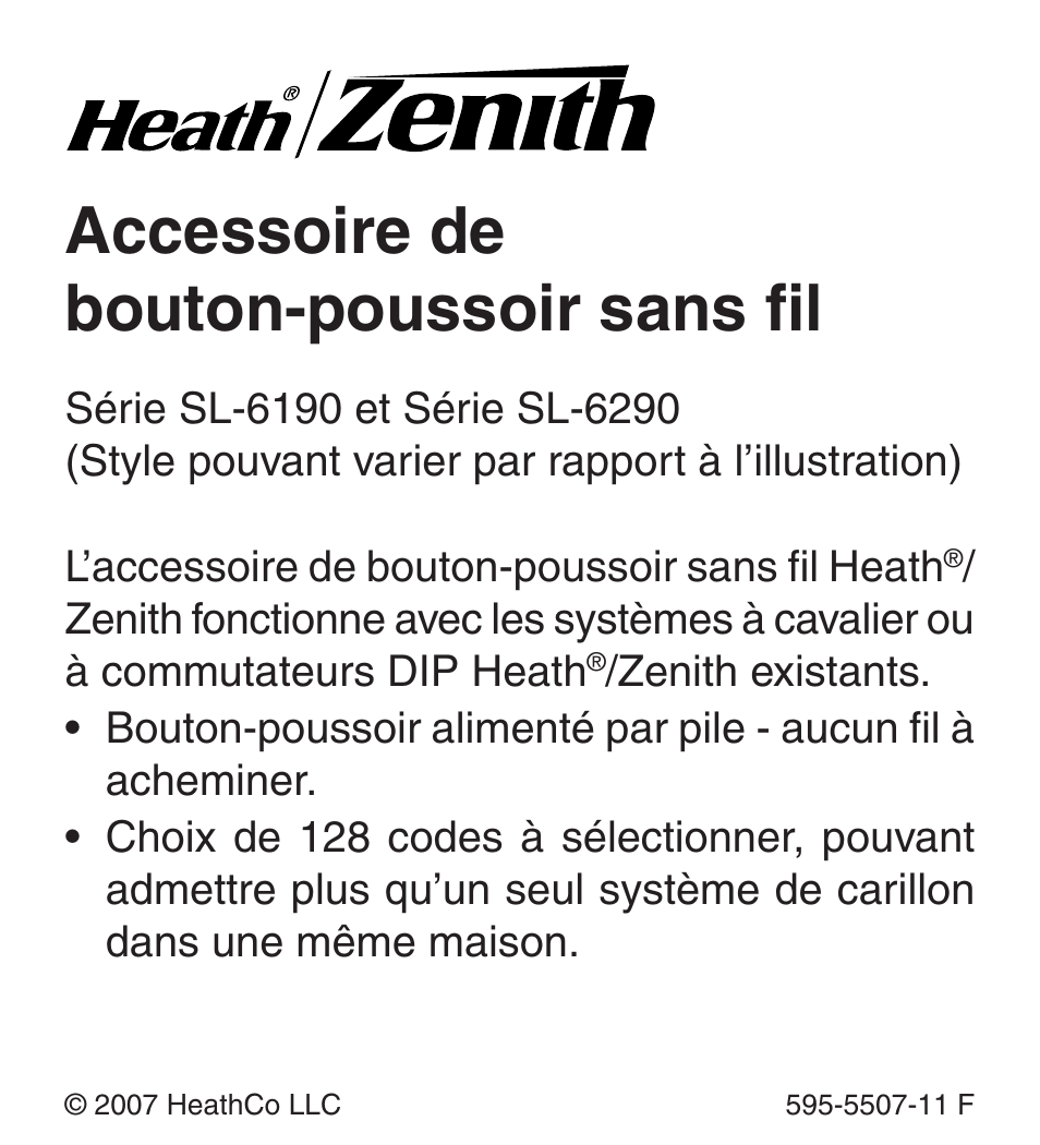 Accessoire de bouton-poussoir sans fil, L’accessoire de bouton-poussoir sans fil heath | Heath Zenith Wireless Push Button Accessory SL-6290 Series User Manual | Page 17 / 24