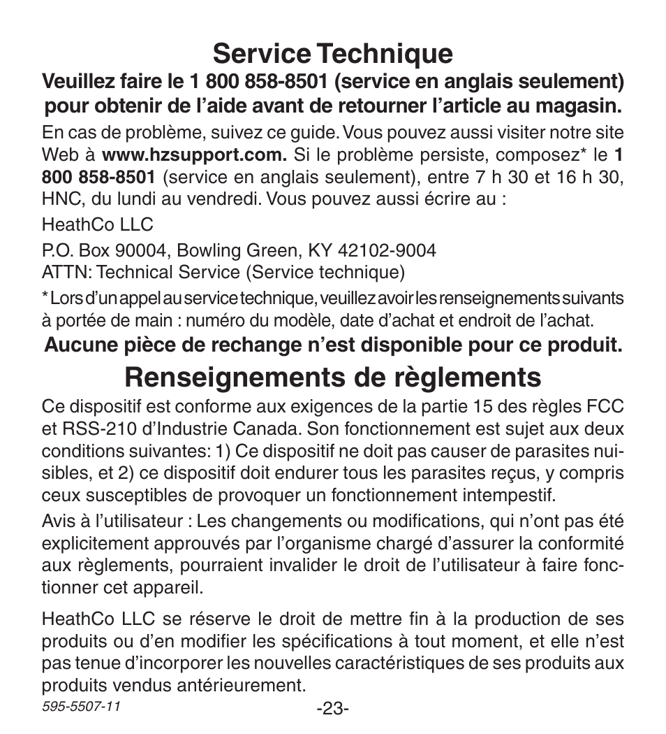 Service technique, Renseignements de règlements | Heath Zenith Wireless Push Button Accessory SL-6290 Series User Manual | Page 23 / 24