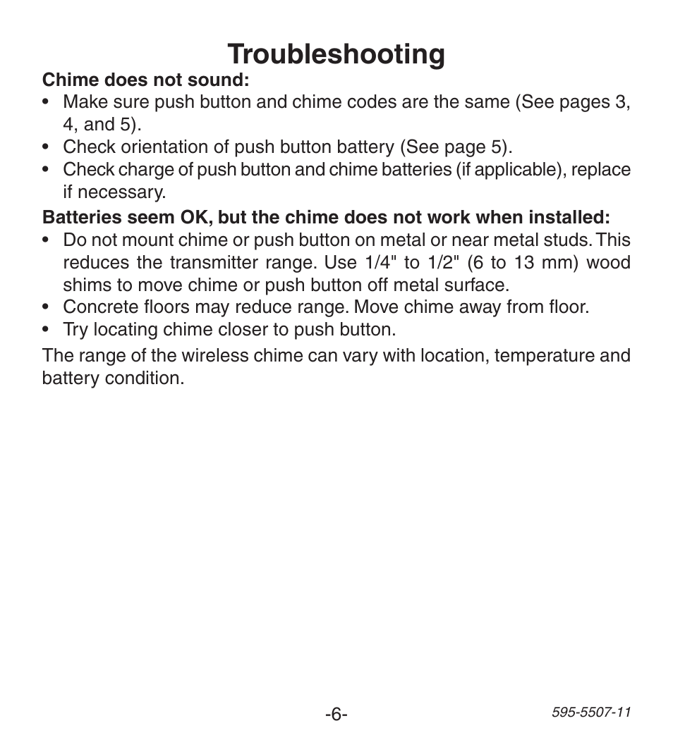 Troubleshooting | Heath Zenith Wireless Push Button Accessory SL-6290 Series User Manual | Page 6 / 24