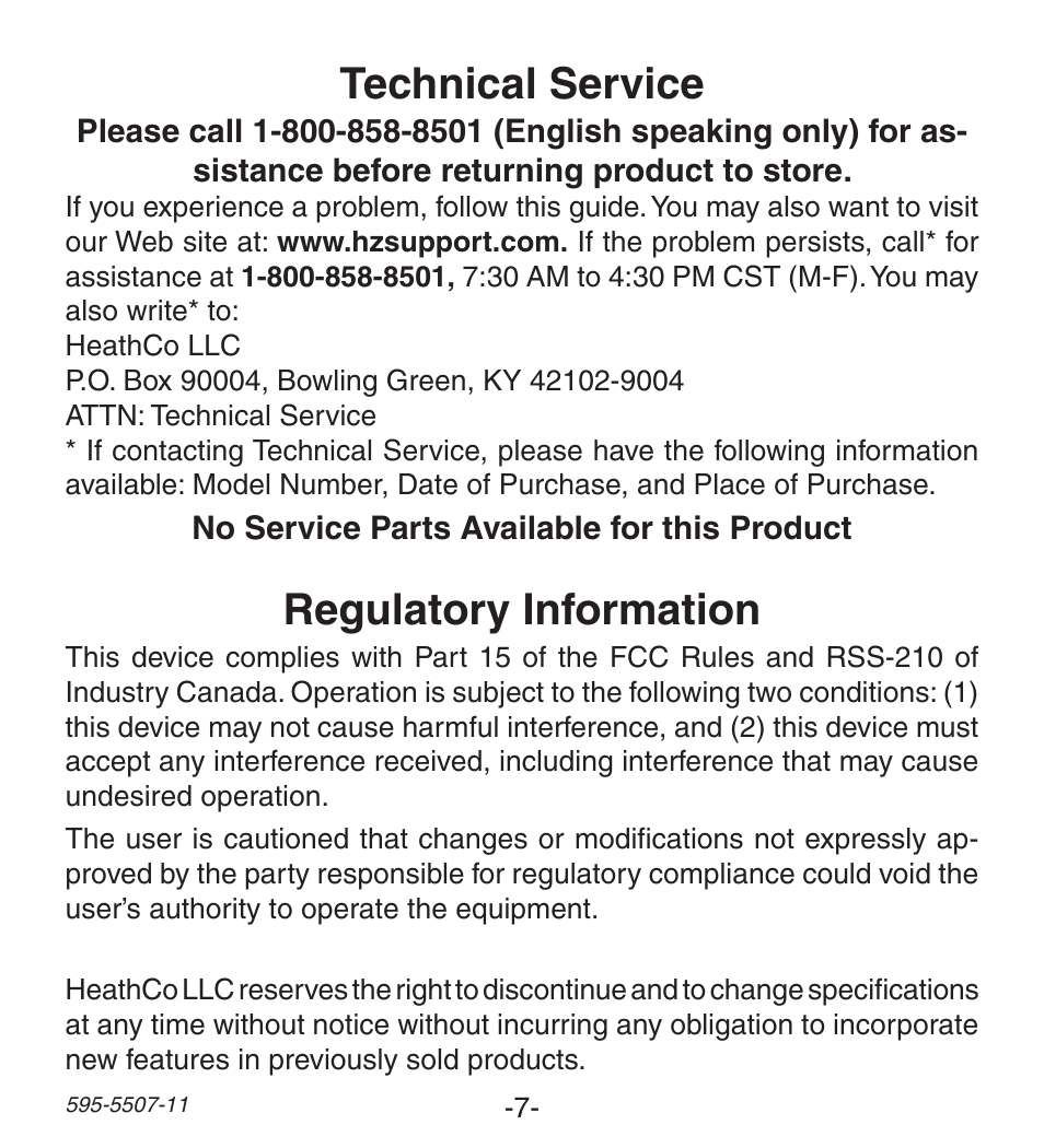 Regulatory information, Technical service | Heath Zenith Wireless Push Button Accessory SL-6290 Series User Manual | Page 7 / 24