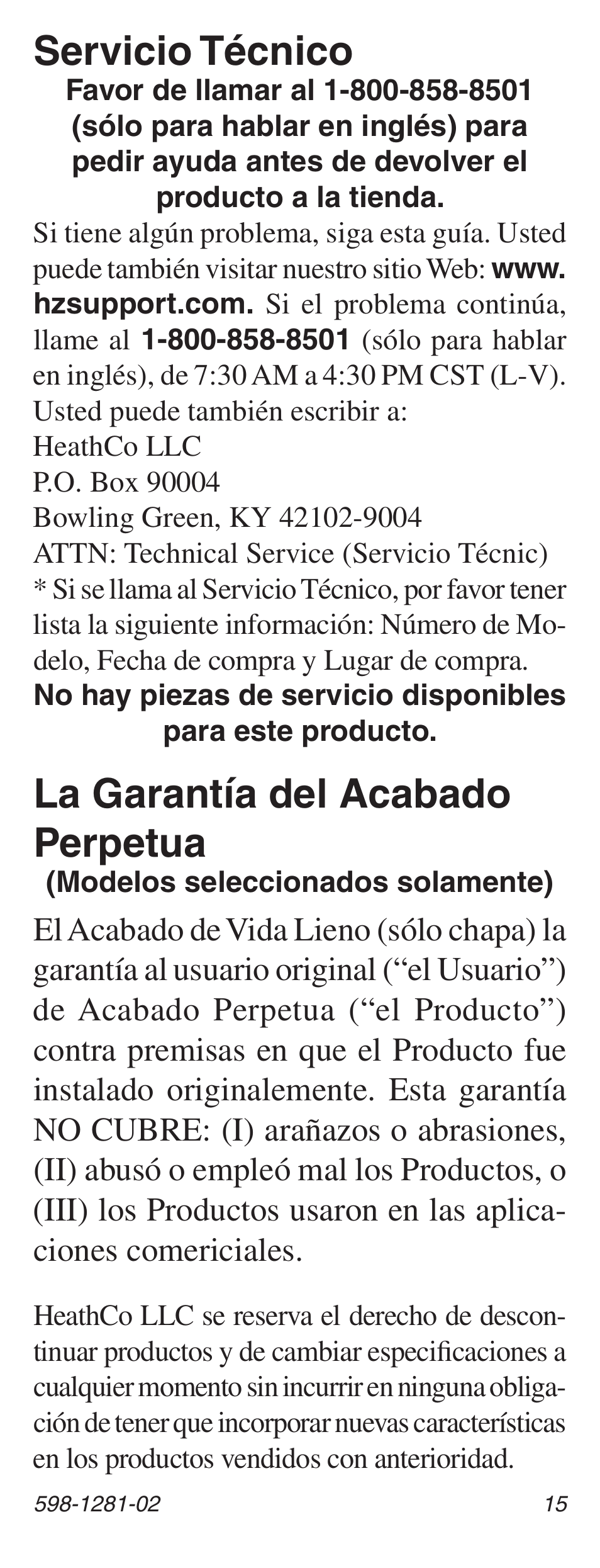 La garantía del acabado perpetua, Servicio técnico | Heath Zenith LED Lighted Push Button with Keyfinder Light 598-1281-02 User Manual | Page 15 / 24