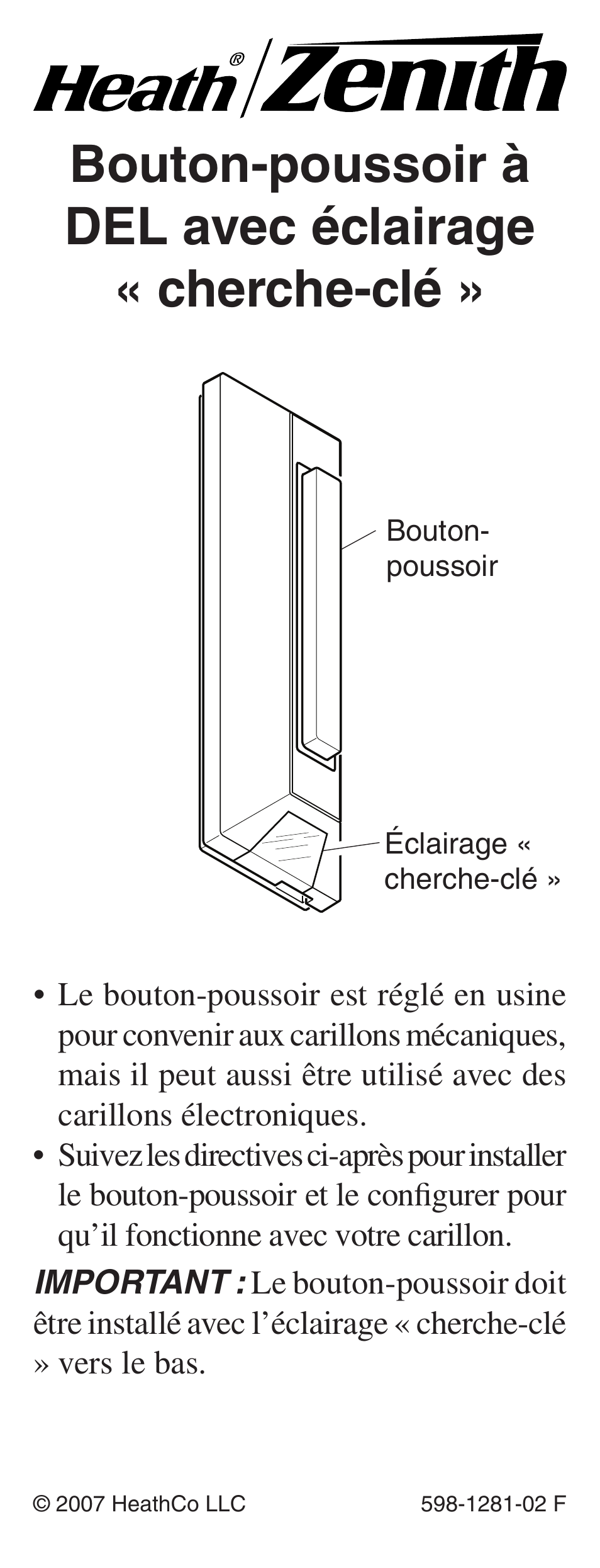 Bouton-poussoir à del avec éclairage « cherche-clé | Heath Zenith LED Lighted Push Button with Keyfinder Light 598-1281-02 User Manual | Page 17 / 24