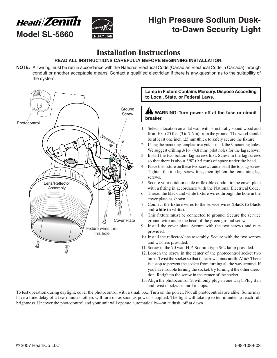 Heath Zenith High Pressure Sodium Dusk-to-Dawn Security Light SL-5660 User Manual | 8 pages