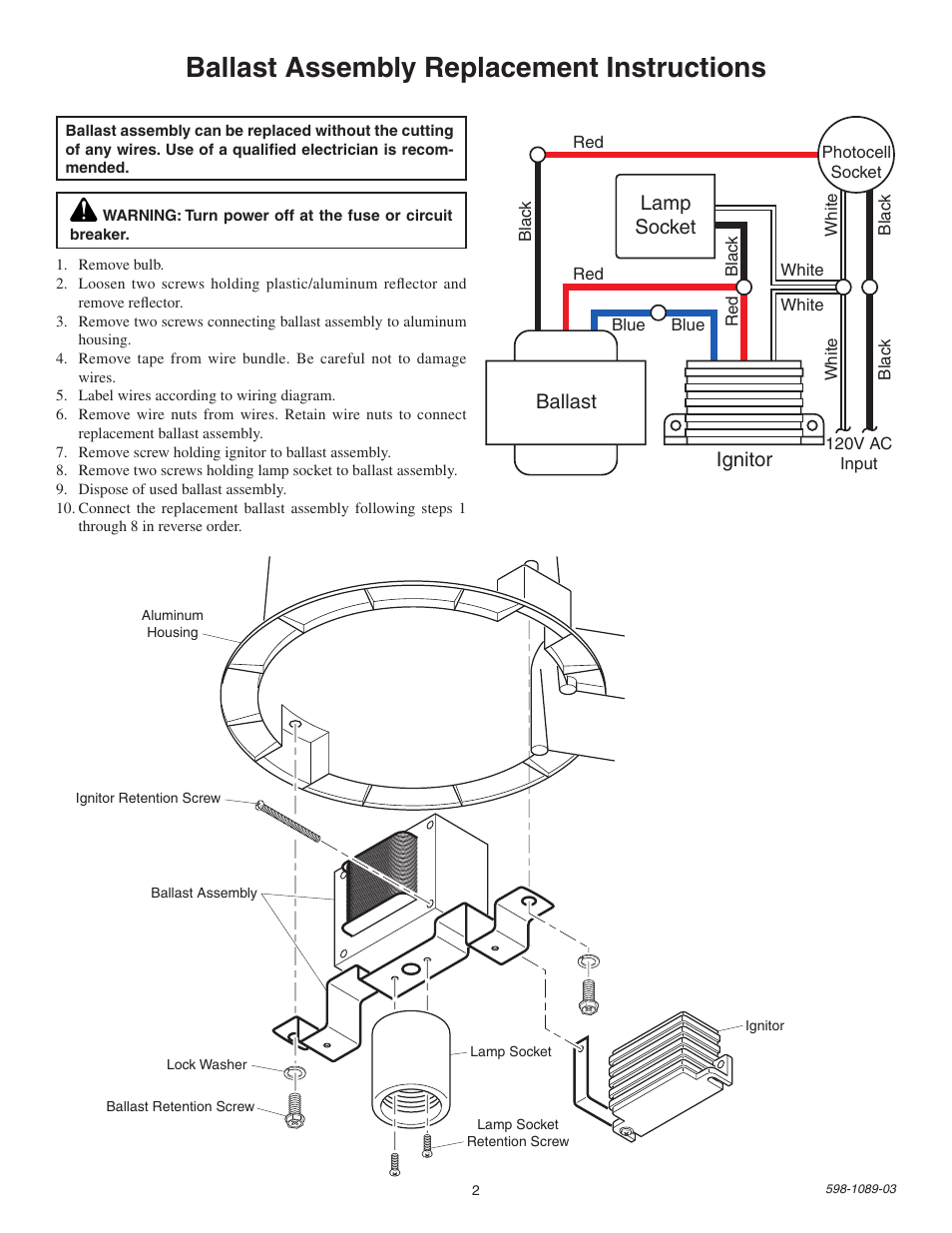 Ballast assembly replacement instructions, Lamp socket, Ballast ignitor | Heath Zenith High Pressure Sodium Dusk-to-Dawn Security Light SL-5660 User Manual | Page 2 / 8