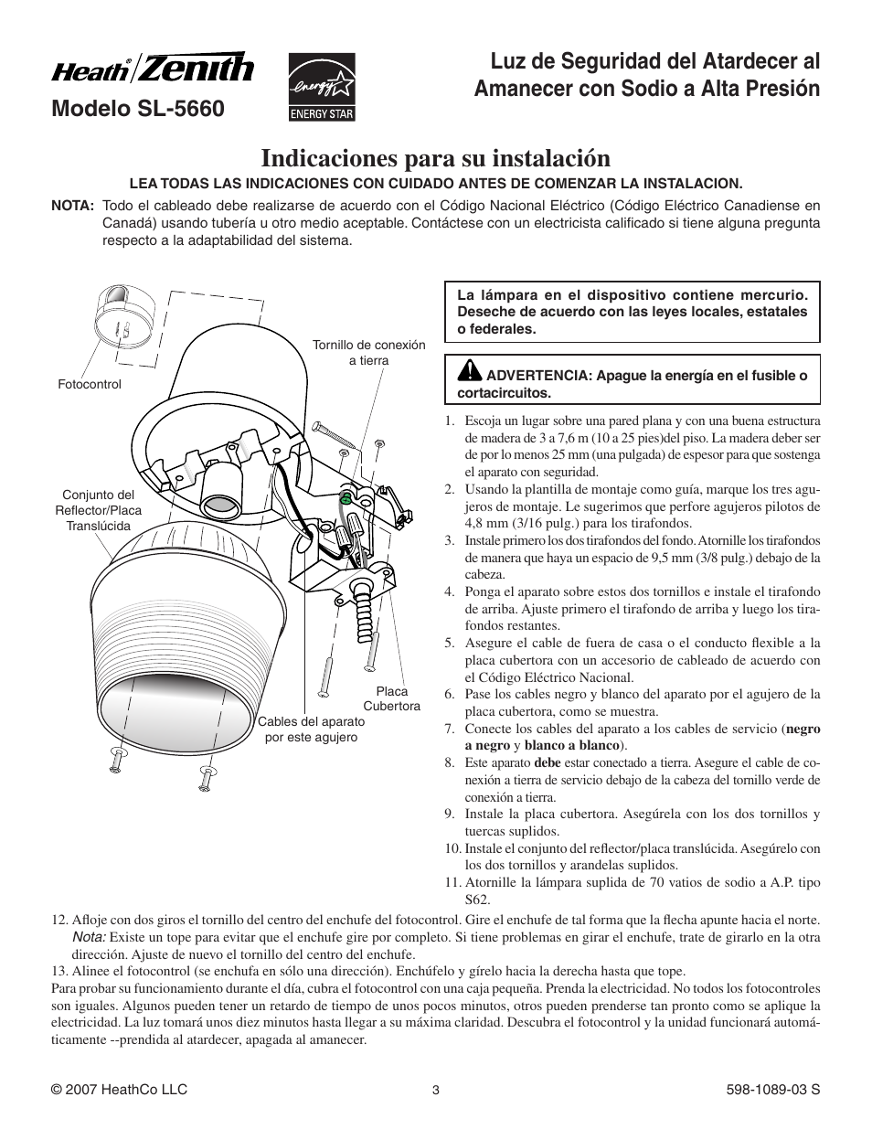 Indicaciones para su instalación, Modelo sl-5660 | Heath Zenith High Pressure Sodium Dusk-to-Dawn Security Light SL-5660 User Manual | Page 3 / 8