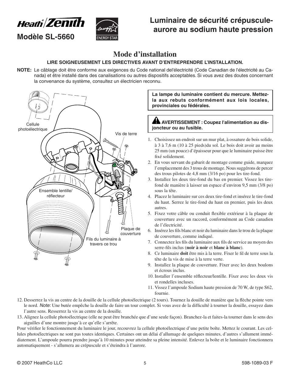 Mode d’installation, Modèle sl-5660 | Heath Zenith High Pressure Sodium Dusk-to-Dawn Security Light SL-5660 User Manual | Page 5 / 8