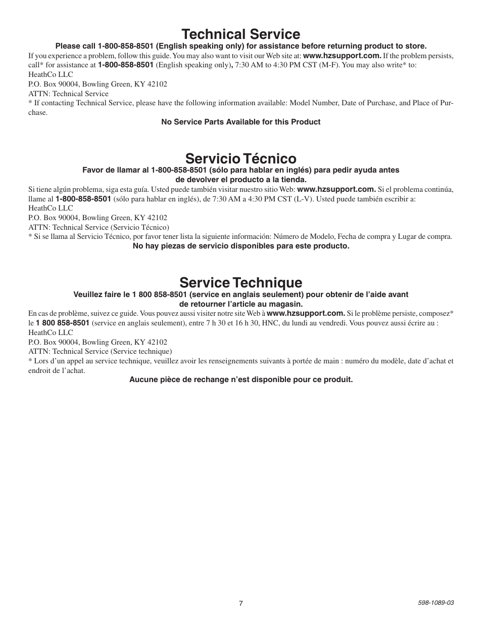 Technical service, Servicio técnico, Service technique | Heath Zenith High Pressure Sodium Dusk-to-Dawn Security Light SL-5660 User Manual | Page 7 / 8
