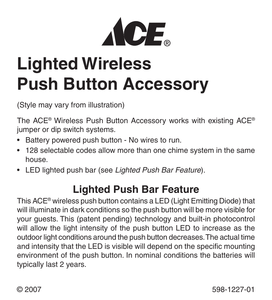 Heath Zenith Lighted Wireless Push Button Accessory 598-1227-01 User Manual | 24 pages