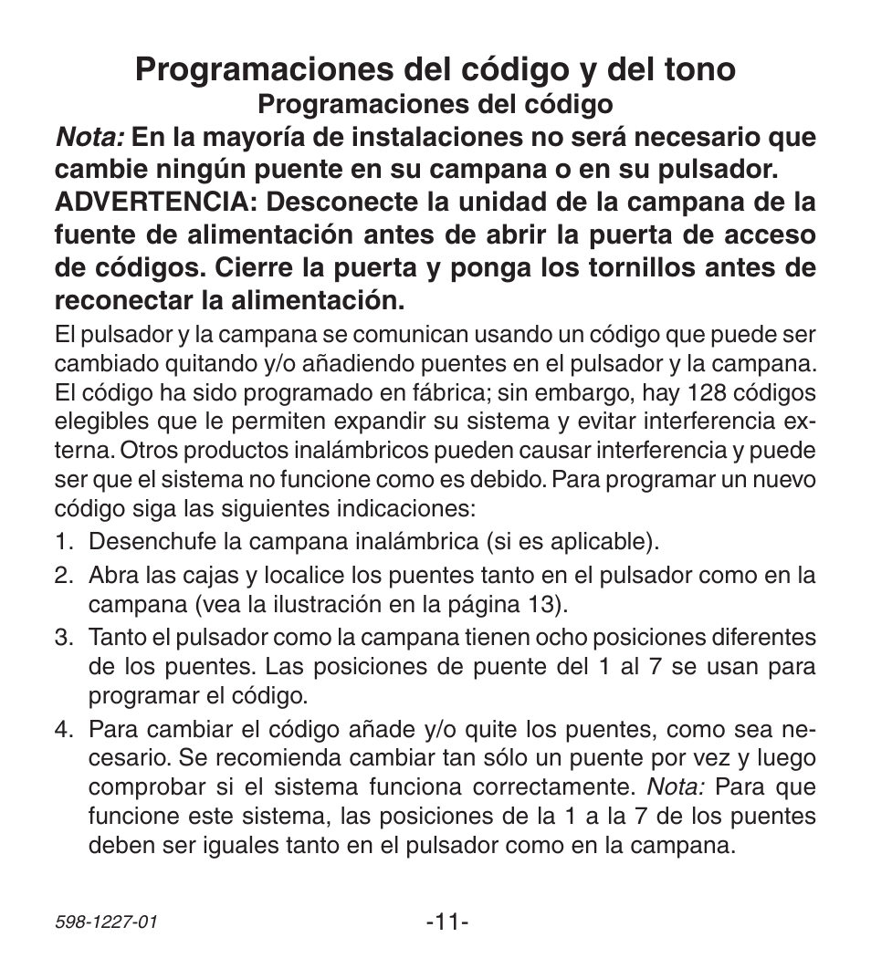 Programaciones del código y del tono | Heath Zenith Lighted Wireless Push Button Accessory 598-1227-01 User Manual | Page 11 / 24