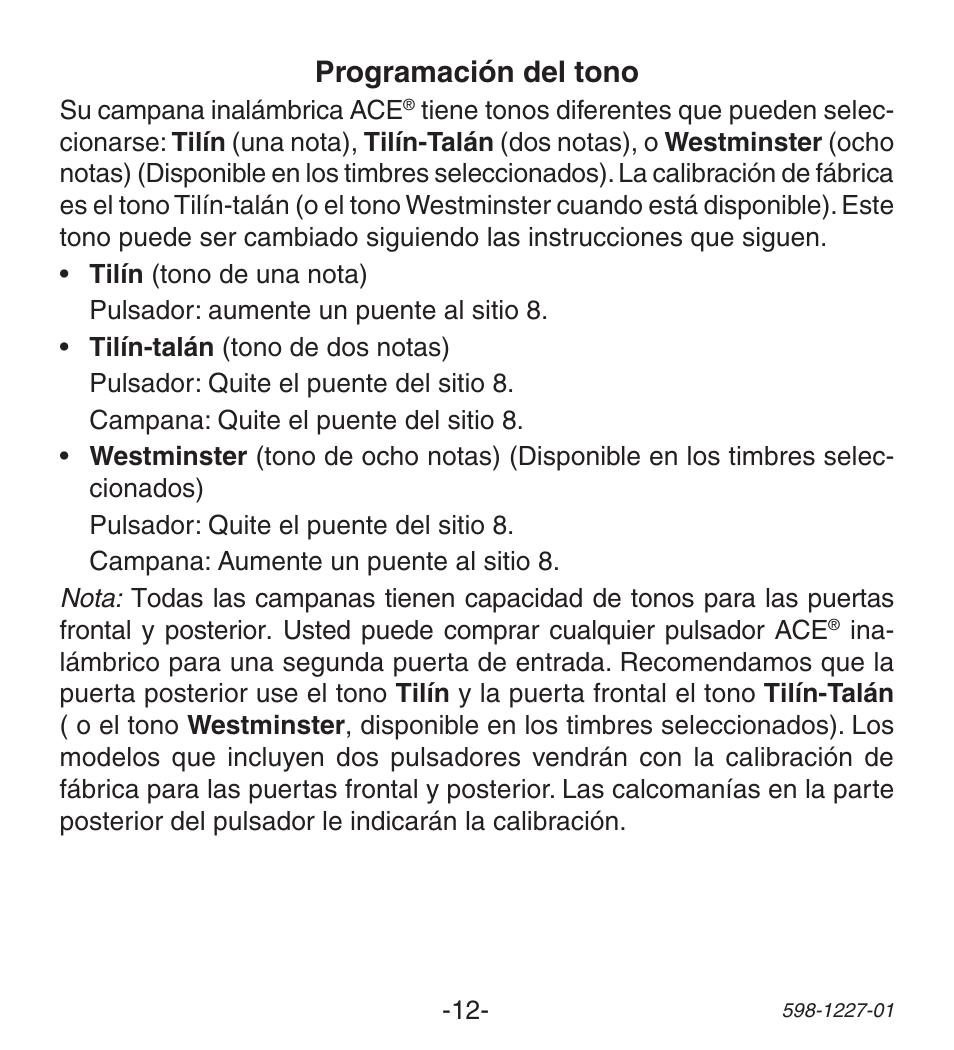 Programación del tono | Heath Zenith Lighted Wireless Push Button Accessory 598-1227-01 User Manual | Page 12 / 24